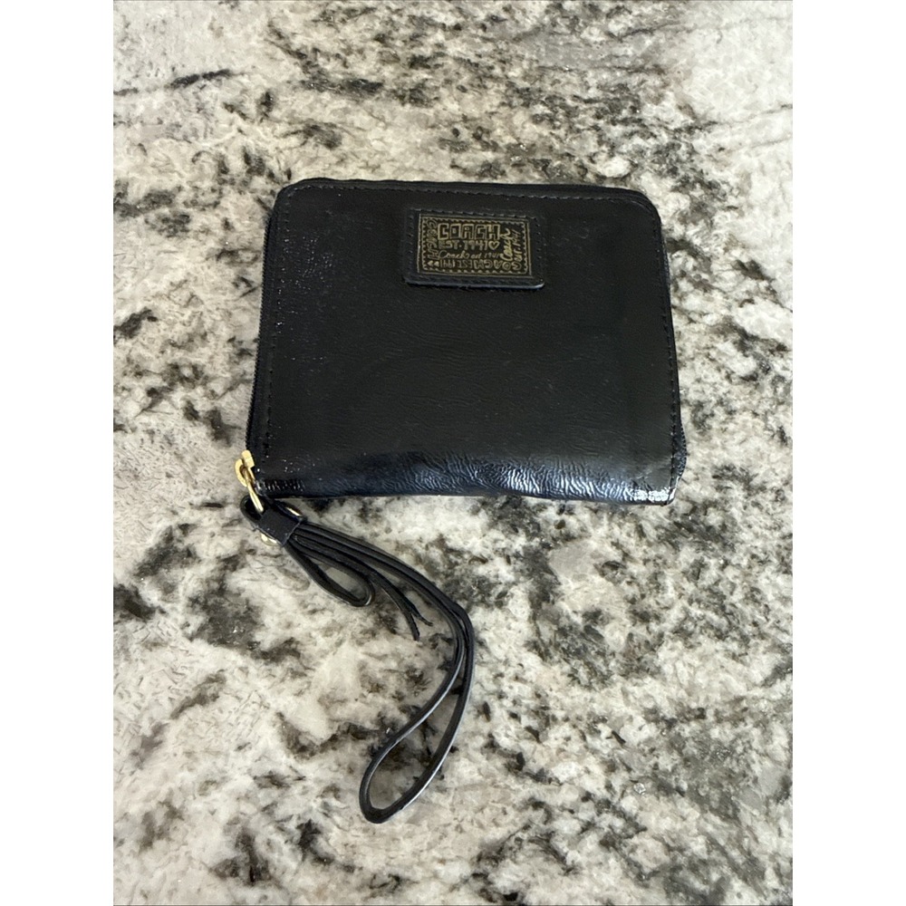 COACH DAISY LIQUID GLOSS BLACK LEATHER WALLET WRISTLET BLACK FULL ZIP 5"x4"